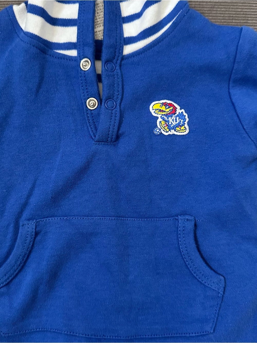 Two Feet Ahead NCAA Kansas Jayhawks Baby Striped Hooded Shirt 12M Snap Bottom - Picture 3 of 5
